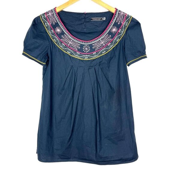 Peruvian Connection Embroidered Cap Sleeve Dark Navy Blouse size 10 - Picture 1 of 6